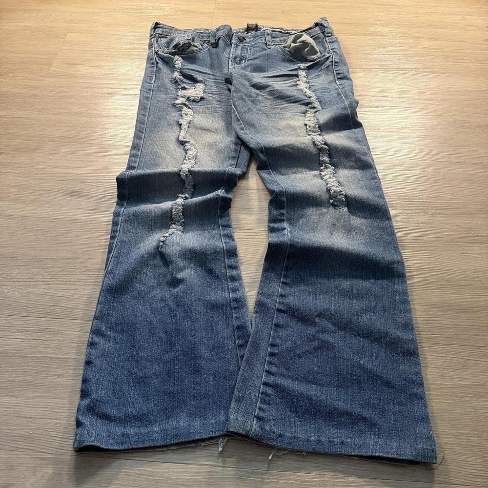 32x30 Blue Distressed Faded Low Rise Bootcut Jeans Y2K Indie